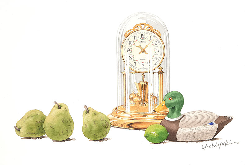 静物水彩画イラスト 洋梨とライムにアンティーク時計とデコイ鴨の静物水彩画イラスト