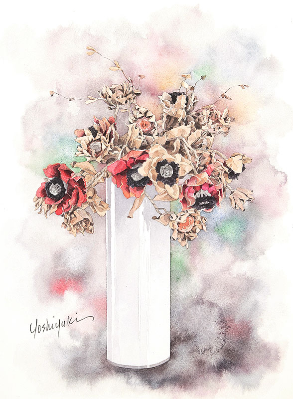 ドライフラワー水彩画イラスト ガラスの花器に盛られたドライフラワー