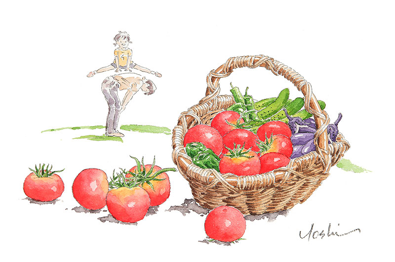 野菜水彩画イラスト トマトなどの夏野菜が入ったかごと遊ぶ親子の水彩画