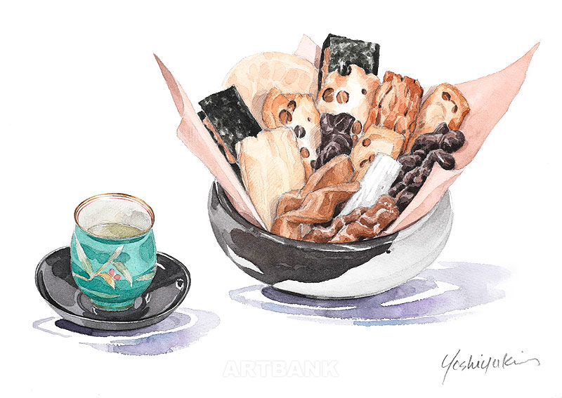 おかきイラスト：おかきとお茶で和風ティータイム
