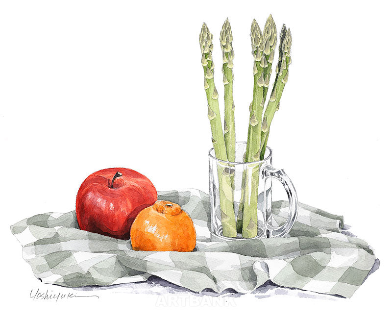 アスパライラスト：手描きリンゴ・デコポンとグリーンアスパラガス