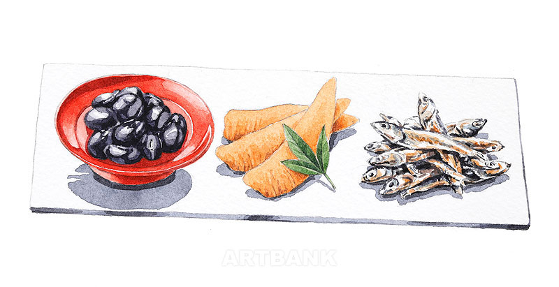 おせち料理  黒豆・カズノコ・タヅクリ（ごまめ）イラスト手描き