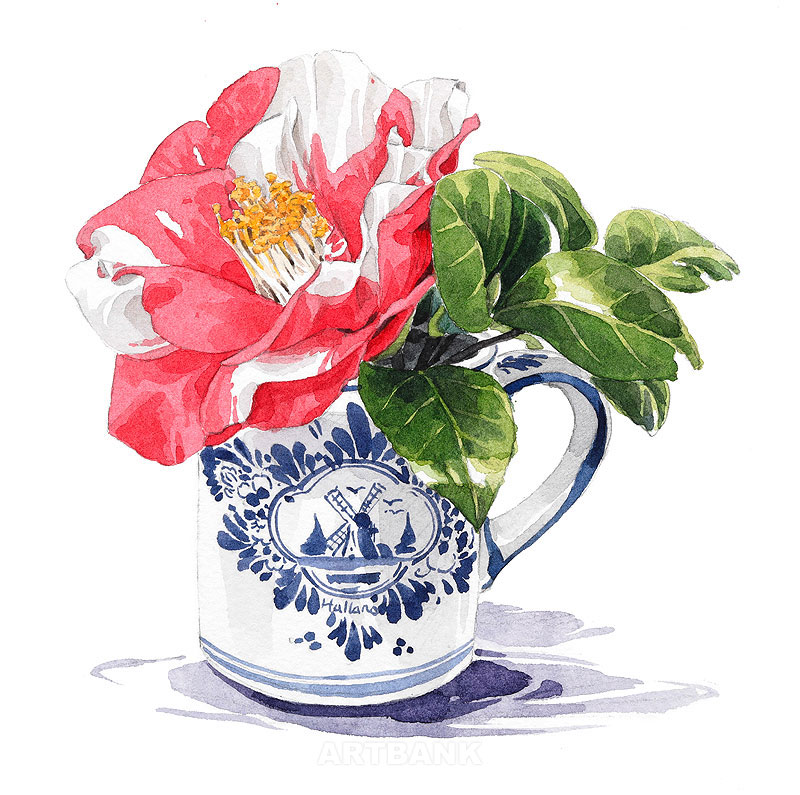 紅白の椿イラスト 陶器のマグカップの中の椿の花・手描き水彩