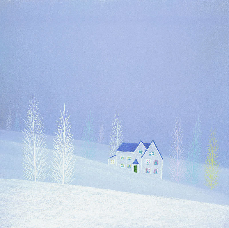 風景イラスト ガラスのような木々とペンションのある雪原