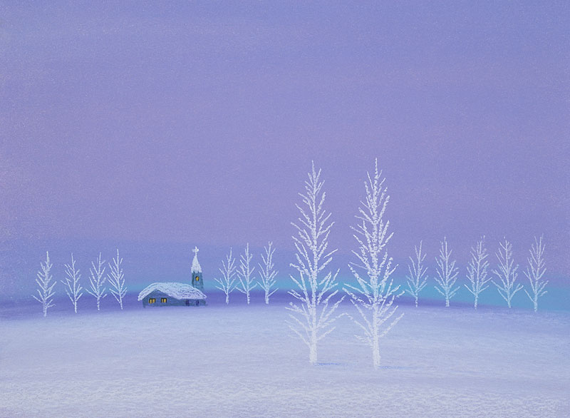風景イラスト ガラスのような木々雪原に教会がたたずむ
