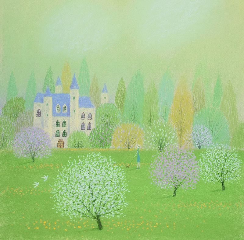 風景イラスト すもも咲く古城の庭散歩する婦人白い雲