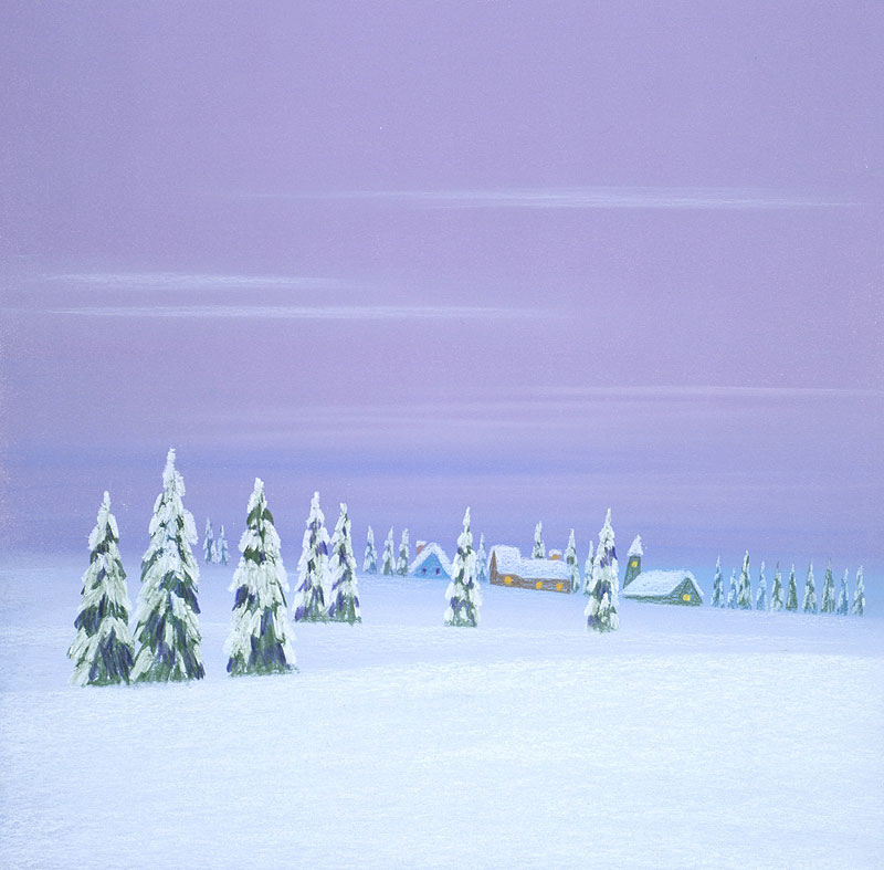 風景イラスト 雪原のモミの木の中にカラフルなコテージ