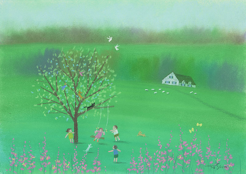 風景イラスト 草原のブランコで遊ぶ子供たち