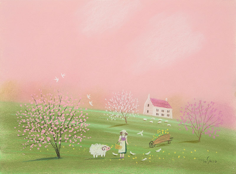 メルヘン風景イラスト 桜の花が咲く春の草原でヒツジと遊ぶ女の子
