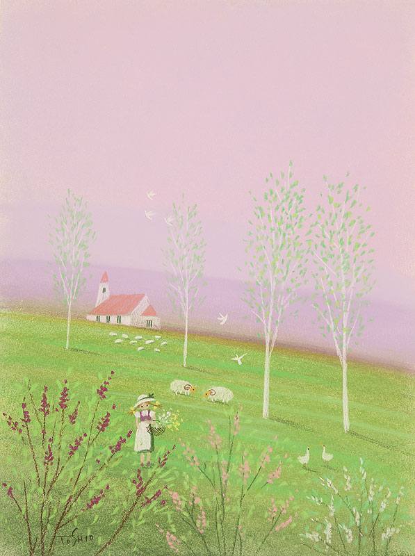 メルヘン風景イラスト 草原で花を摘む少女とヒツジ