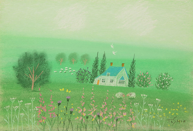 パステル風景画イラスト 草原の花畑とヒツジ