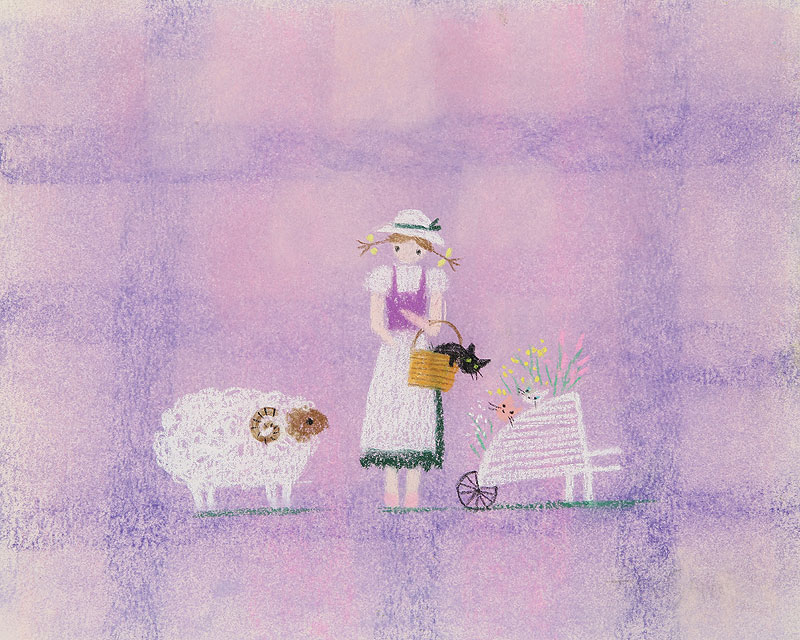 少女と羊イラスト ヒツジを見つめる女の子と花車