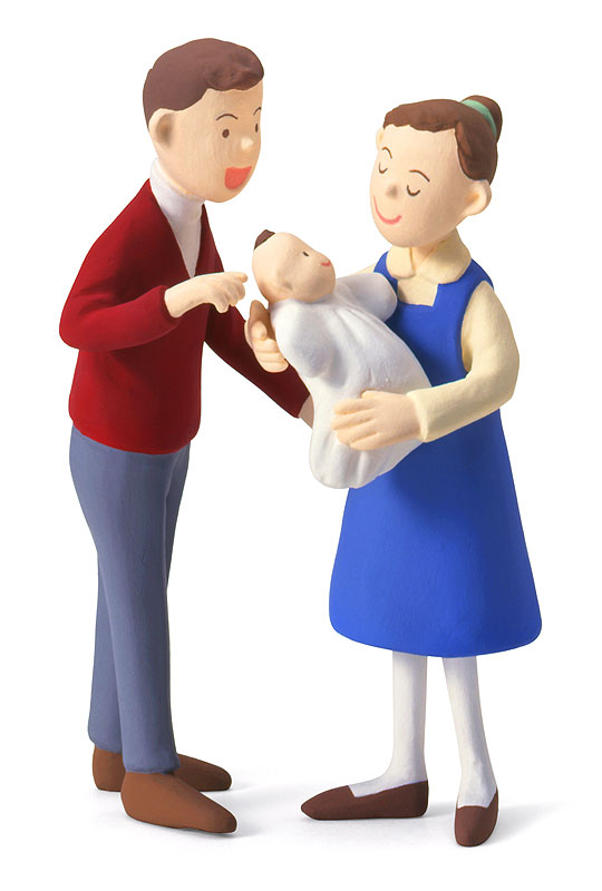 赤ちゃん誕生イラスト 可愛いベビーを胸に抱く仲良し夫婦