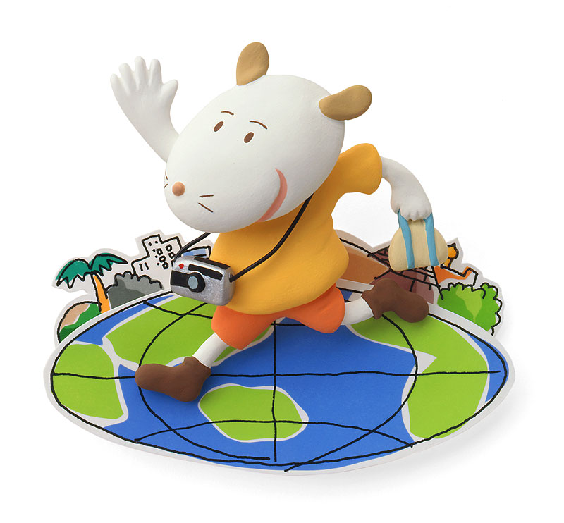 地球世界旅行イラスト 地球の上を跳ぶカメラを提げた動物キャラクターの