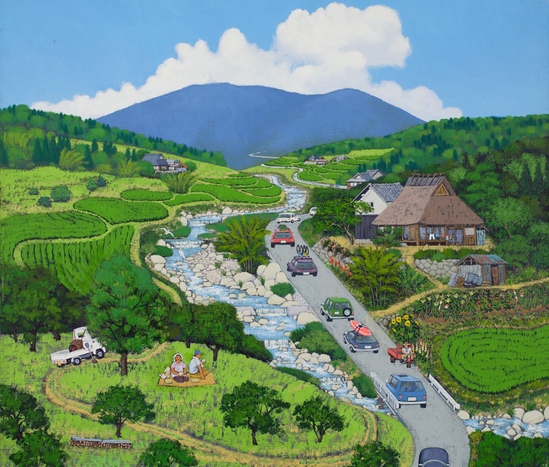 新緑の農村風景イラスト 手描き田舎の風景