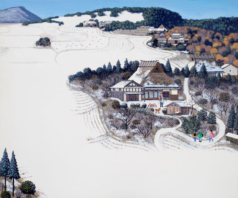 雪景色イラスト 里山の田舎の冬景色