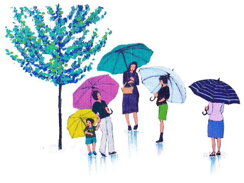 梅雨・雨降りイラスト　バスを待つ人たち