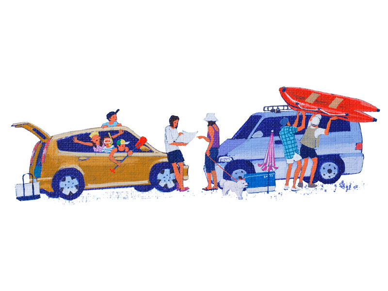 夏・川遊びイラスト　車からボートをおろす家族