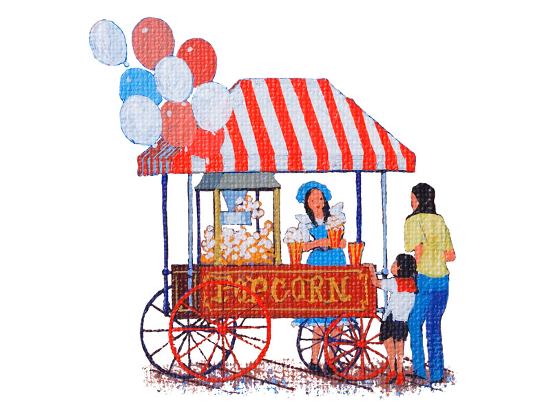 ポップコーンのワゴン販売イラスト　夏祭りの親子風景