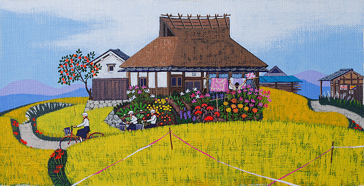 田舎暮らしイラスト 長閑な農村風景茅葺屋根手描きイラスト