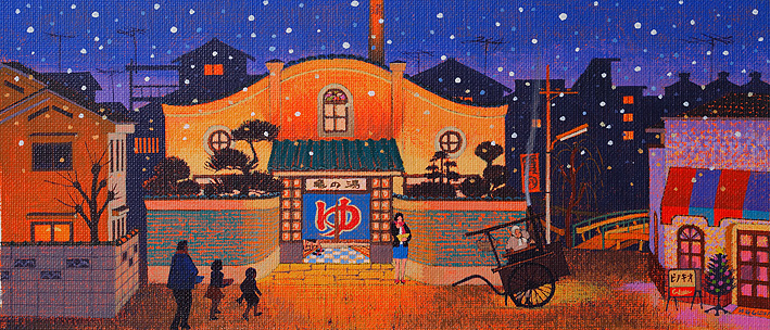 町並みイラスト 下町の銭湯で待つ女性の夜空は雪 冬 昭和
