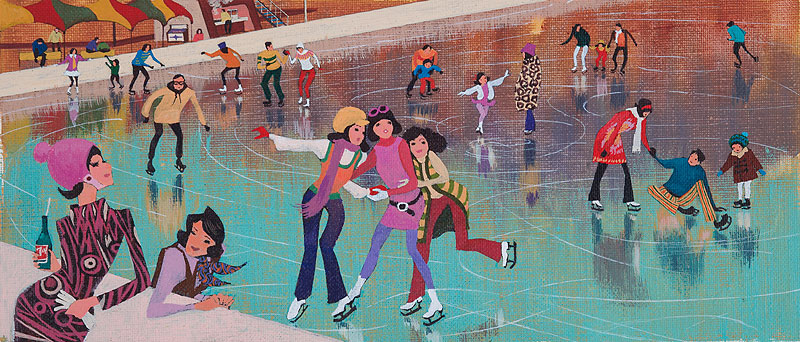 アイススケートリンクでスケートを楽しむ人々のレトロイラスト