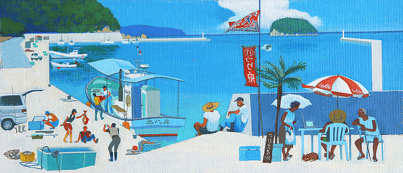 夏の海イラスト 釣り舟と港の風景