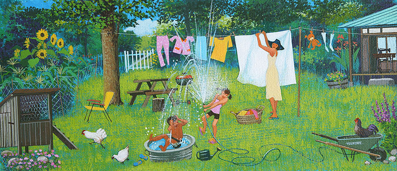 家族で水遊びイラスト　夏の庭で水遊びする家族