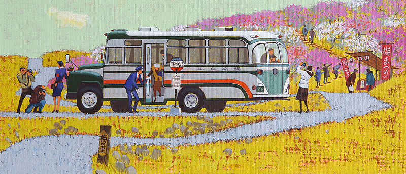 春の梅と観光バスイラスト 紅梅白梅の花見をする観光客と観光