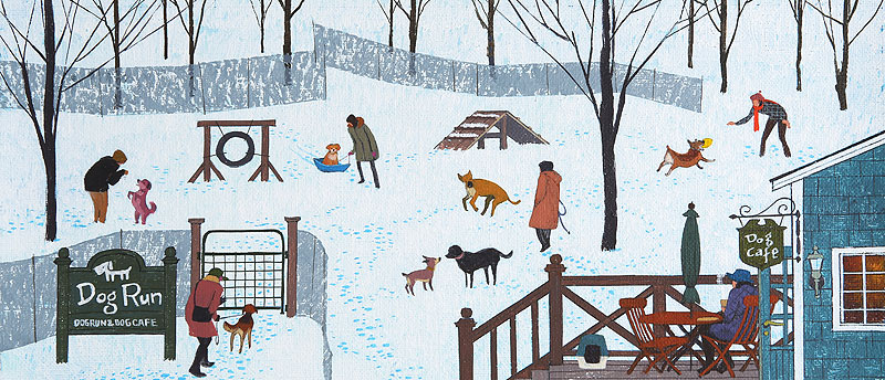 冬のドッグランイラスト 雪景色の中で遊ぶ犬と飼い主
