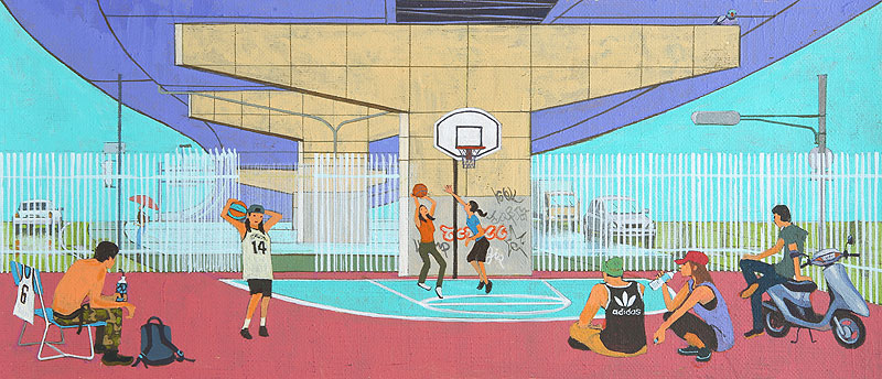 ストリートバスケットボールイラスト 高架下のバスケットゴールでプレーする男女