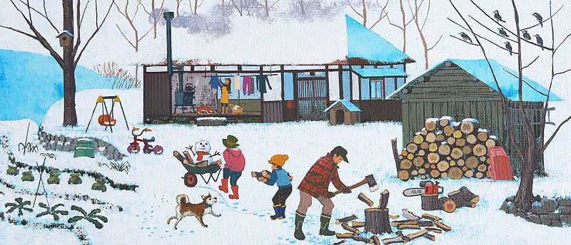 冬の風景 薪割りイラスト 雪が積もる家の庭で薪割りをする家族