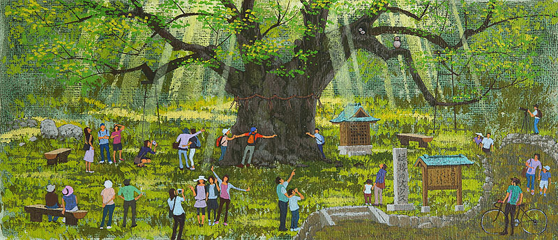 巨木と人々のイラスト・御神木を囲み手をつなぐ若者たち