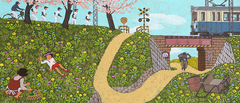 春の風景イラスト 春の土手で花を摘む子供と電車