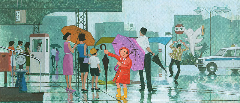 梅雨と雨傘イラスト 駅で家族をお出迎えする女の子