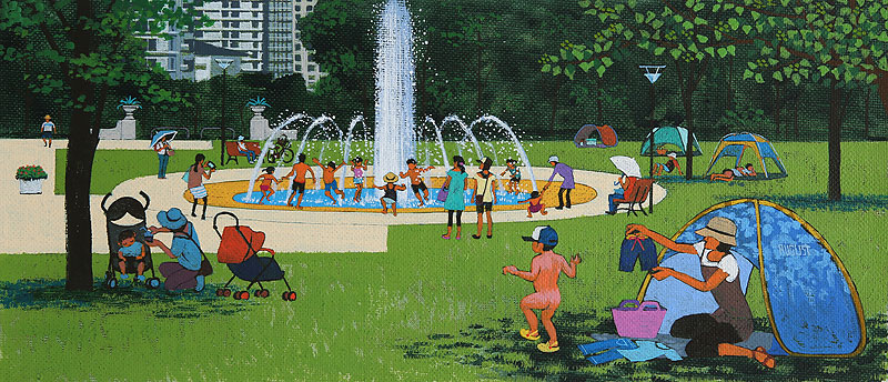 夏のファミリーイラスト 公園の噴水で水遊びする子供