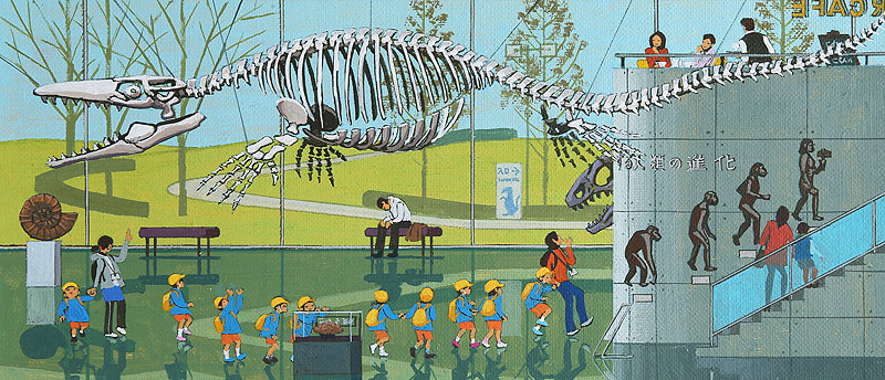 博物館見学イラスト 恐竜の骨格標本を見学する子供たち