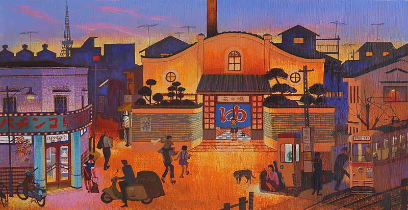 日本の昭和の町並みイラスト　駅前の銭湯やパチンコ屋の風景