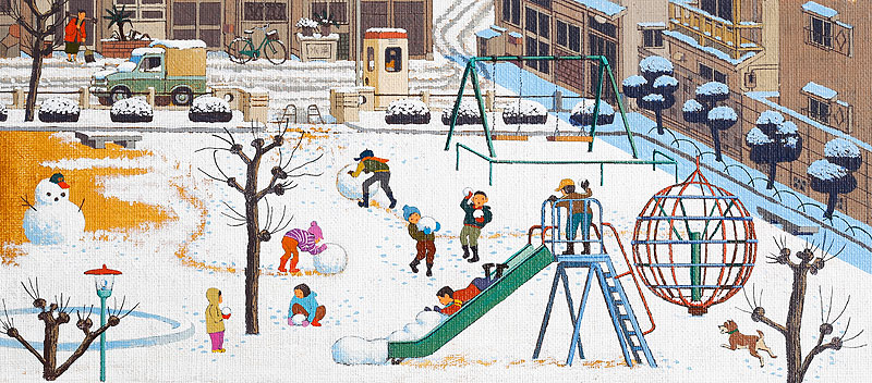 雪遊びイラスト 街中の公園で雪遊びをする子どもたち