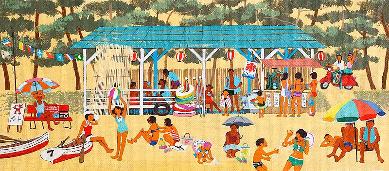 夏の海で海水浴イラスト 砂浜 ビーチの人々と海の家