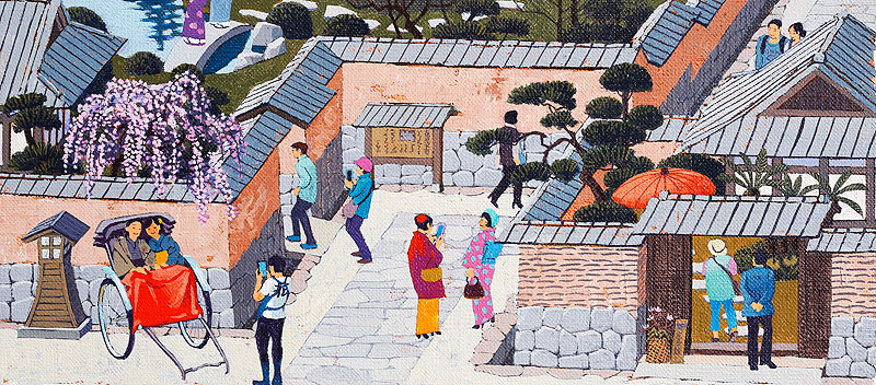 春の観光名所イラスト 日本家屋が並ぶ城下町を観光する人々