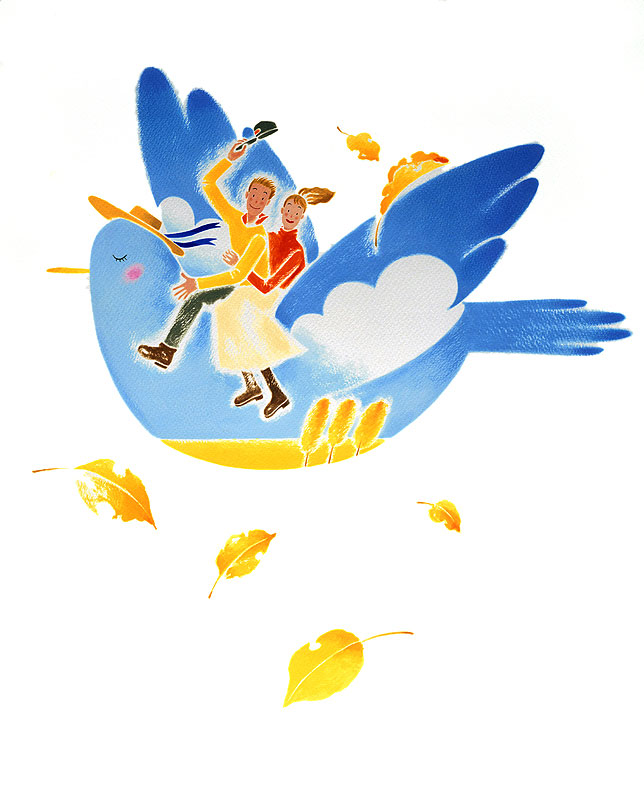 カップルイラスト 青い鳥に乗り空を飛ぶカップルと木の葉と雲