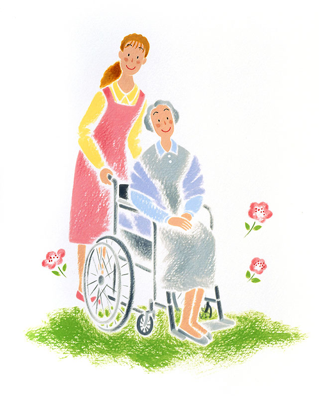 福祉イラスト 車椅子に座る老人と介護するヘルパーの女性