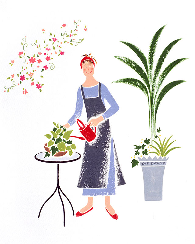 観葉植物に水をやるおしゃれな女性のイラスト