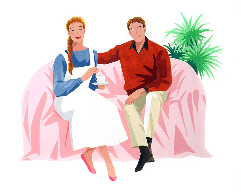 カップルイラスト コーヒーカップを手にソファーに座る若夫婦