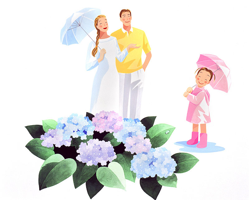 梅雨入りの紫陽花と家族のイラスト（レインコートの女の子・手描き）