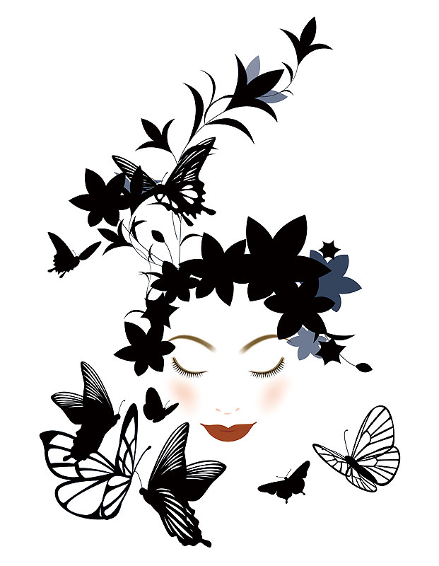 ファッションイラスト 黒い花と蝶のシルエットと俯く女性