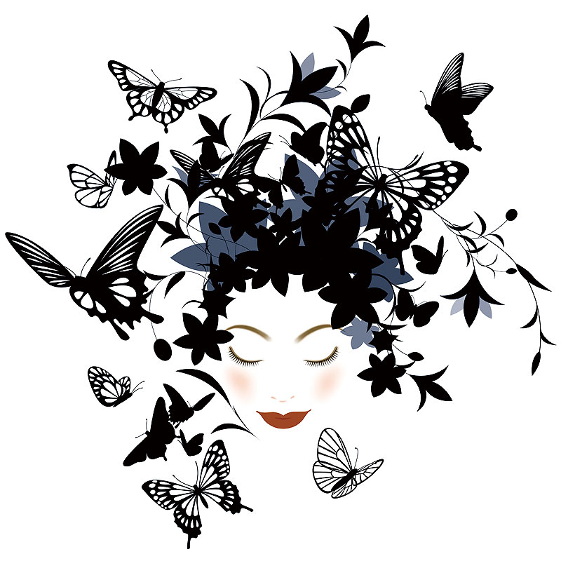 ファッションイラスト 頭に黒い花と蝶のシルエット 目を閉じる女性