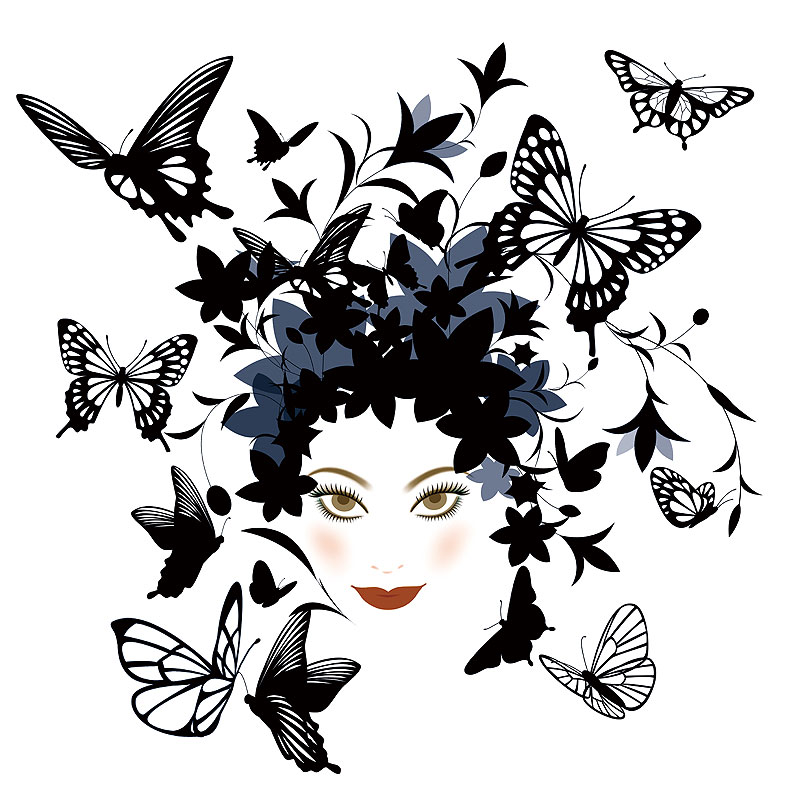 ファッションイラスト　頭に黒い花と蝶　目を開ける女性