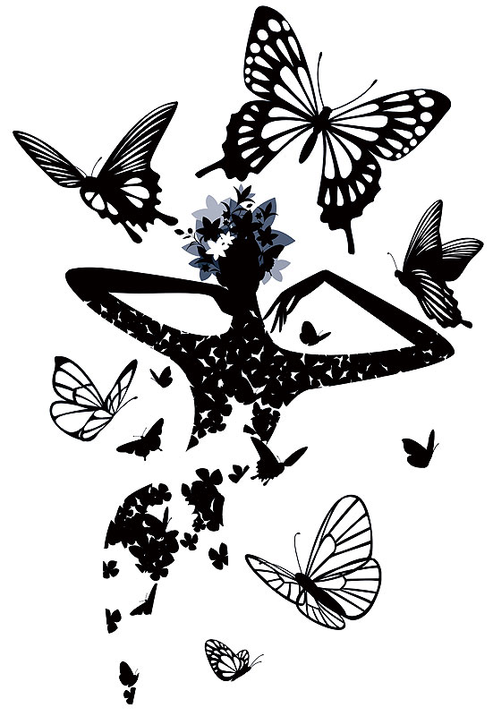 ファッションイラスト モノクロトーンで飛ぶ蝶と頭に花の女性